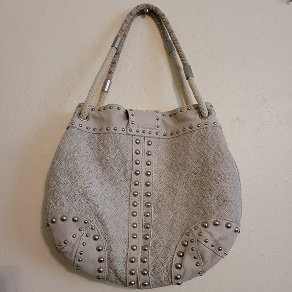 GIANFRANCO FERRE STUDDED LEATHER DRAWSTRING SHOULDER PURSE - Picture 3 of 13